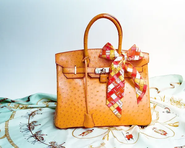 An orange ostrich leather Hermes Birkin with a silk twilly tied on the handle, set on a printed silk scarf